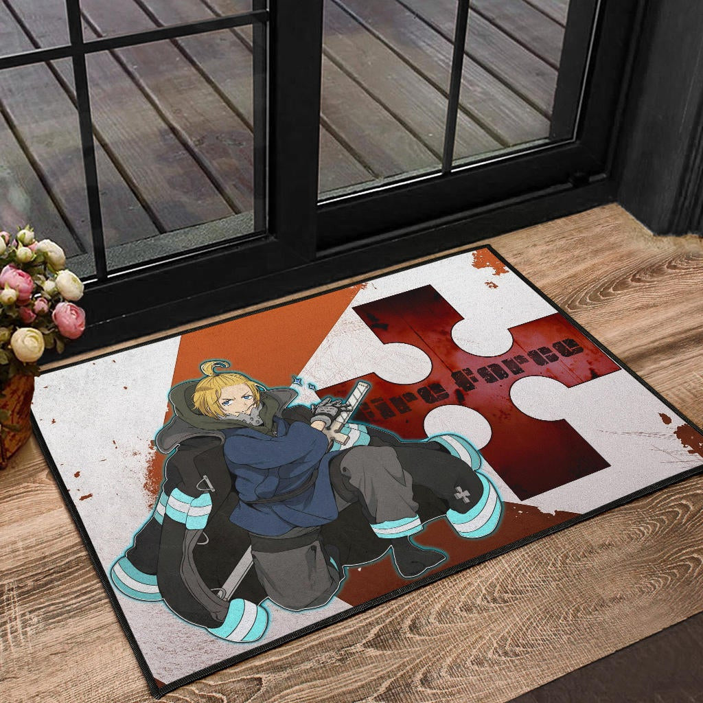 Fire Force Anime Door Mat Arthur Boyle Shining Blue Coat With Wood Sword Door Mat Home Decor