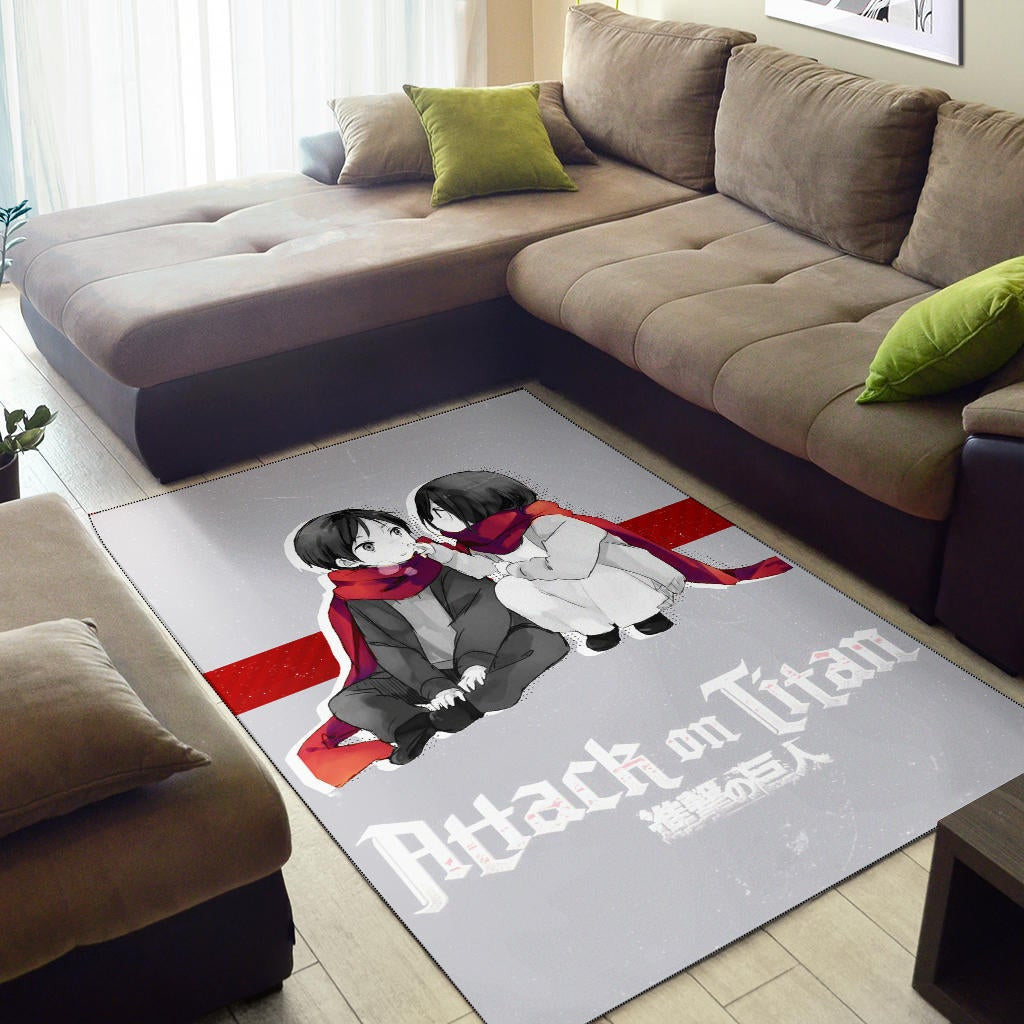 Attack On Titan Anime Area Rug - Chibi Mikasa And Eren Couple Love Wearing Red Scarf Rugs Home Decor