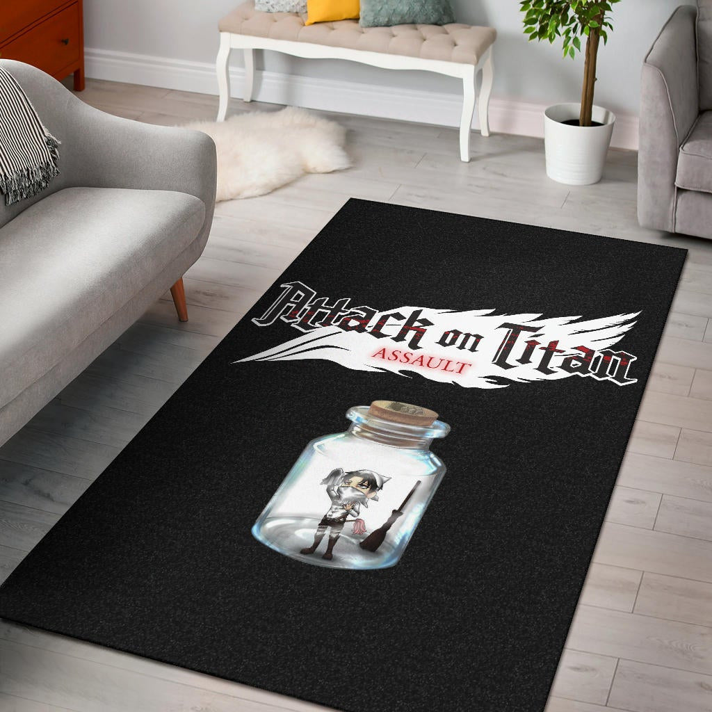 Attack On Titan Anime Area Rug - Funny Chibi Cleaning Levi In Jar Bottle Trap Rugs Home Decor