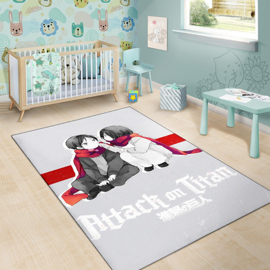 Attack On Titan Anime Area Rug - Chibi Mikasa And Eren Couple Love Wearing Red Scarf Rugs Home Decor