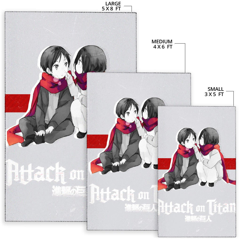 Attack On Titan Anime Area Rug - Chibi Mikasa And Eren Couple Love Wearing Red Scarf Rugs Home Decor