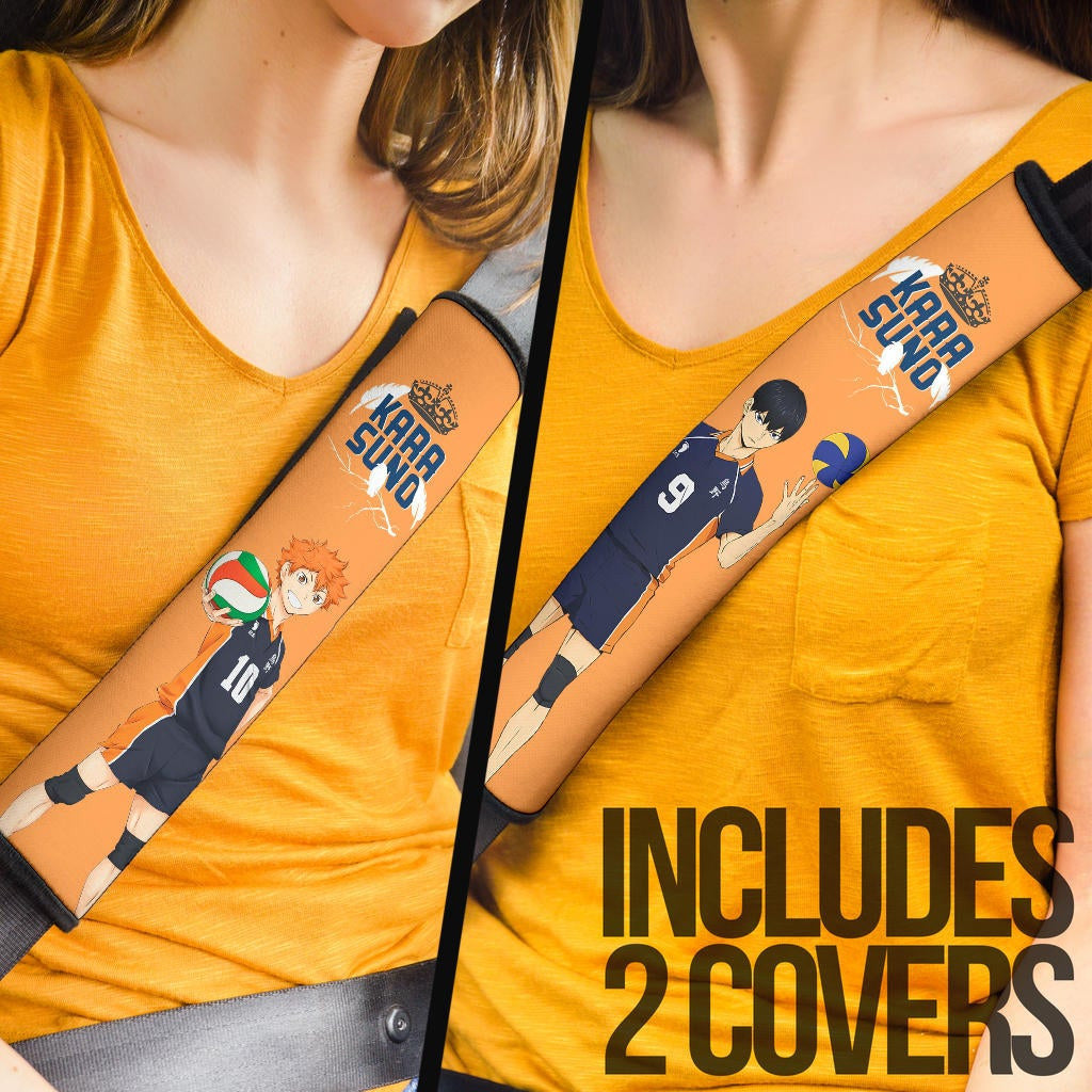 Haikyuu Anime Seat Belt Covers - Hinata And Kageyama With Volleyball Ball Crow Feather Orange Belt Covers