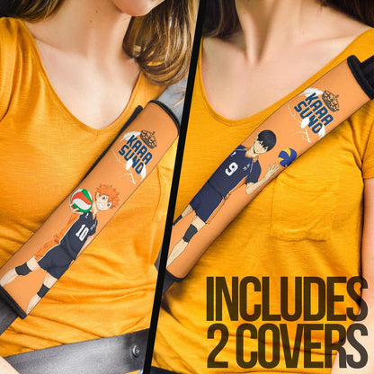 Haikyuu Anime Seat Belt Covers - Hinata And Kageyama With Volleyball Ball Crow Feather Orange Belt Covers