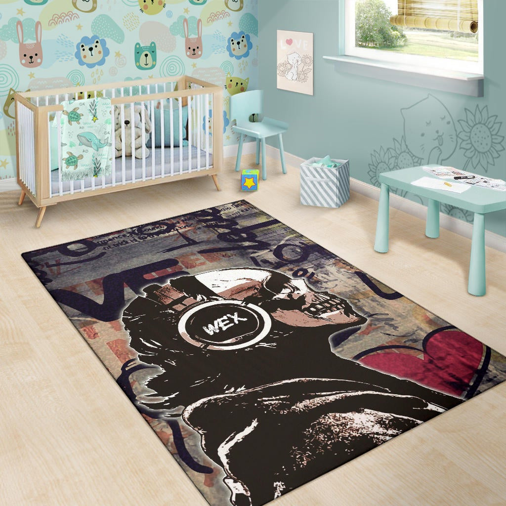 Love Area Rug - Introvert Skeleton Wearing Headphone Love Patterns Rugs Home Decor