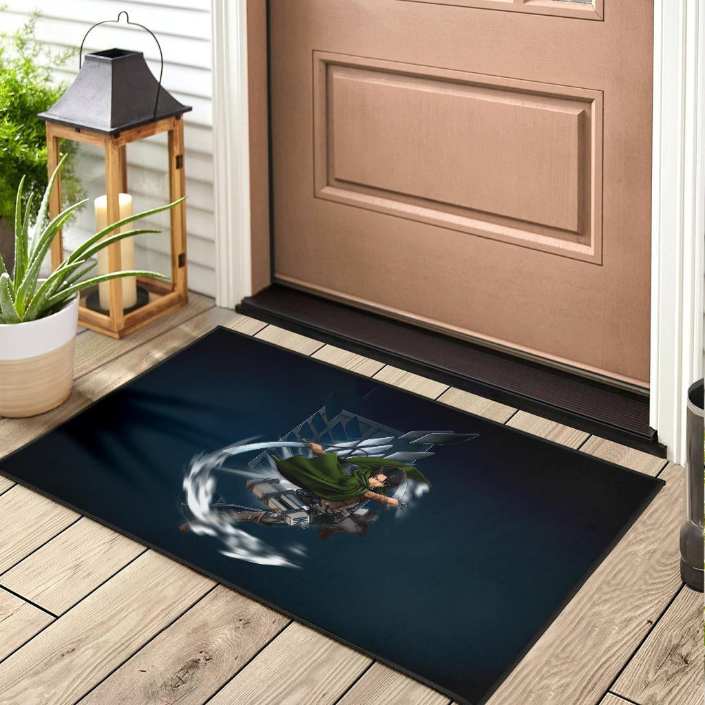 Attack On Titan Anime Door Mat - Levi Fighting Wind Blade Metal Wings Of Freedom Door Mat Home Decor