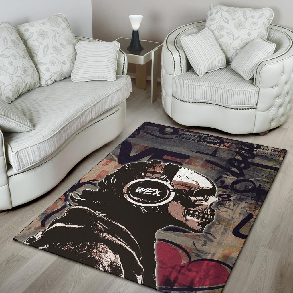 Love Area Rug - Introvert Skeleton Wearing Headphone Love Patterns Rugs Home Decor