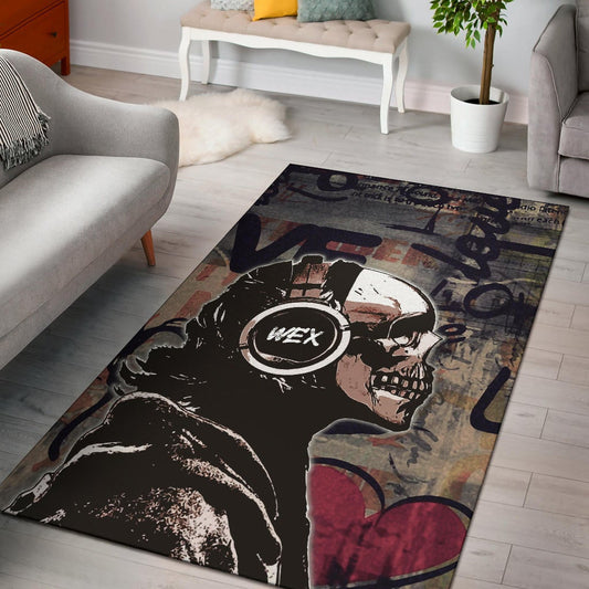 Love Area Rug - Introvert Skeleton Wearing Headphone Love Patterns Rugs Home Decor