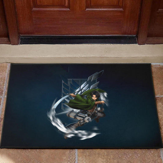Attack On Titan Anime Door Mat - Levi Fighting Wind Blade Metal Wings Of Freedom Door Mat Home Decor