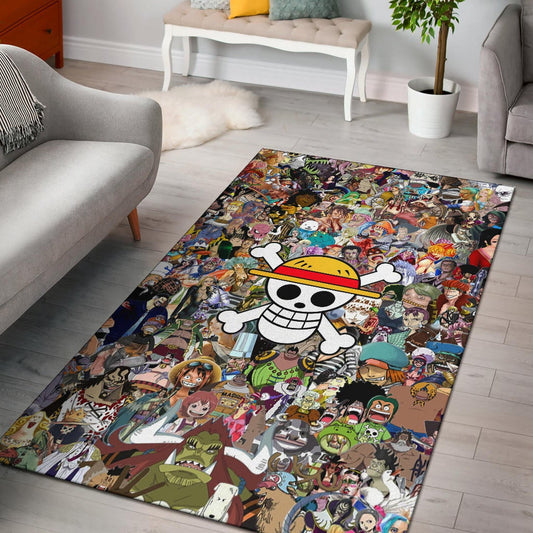 One Piece Anime Area Rug - Full Characters Background Big Skull Pirate Symbol Rugs Home Decor