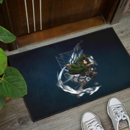 Attack On Titan Anime Door Mat - Levi Fighting Wind Blade Metal Wings Of Freedom Door Mat Home Decor
