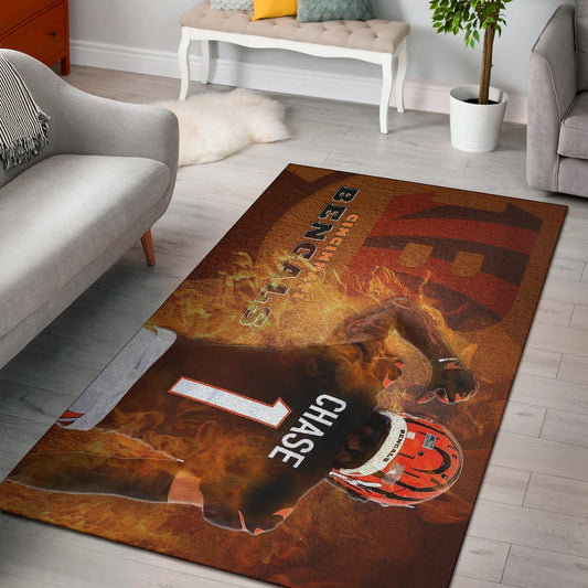 Cincinnati Bengals American Football Team Area Rug Ja'Marr Chase 01 Flaming From The Back Rugs Home Decor