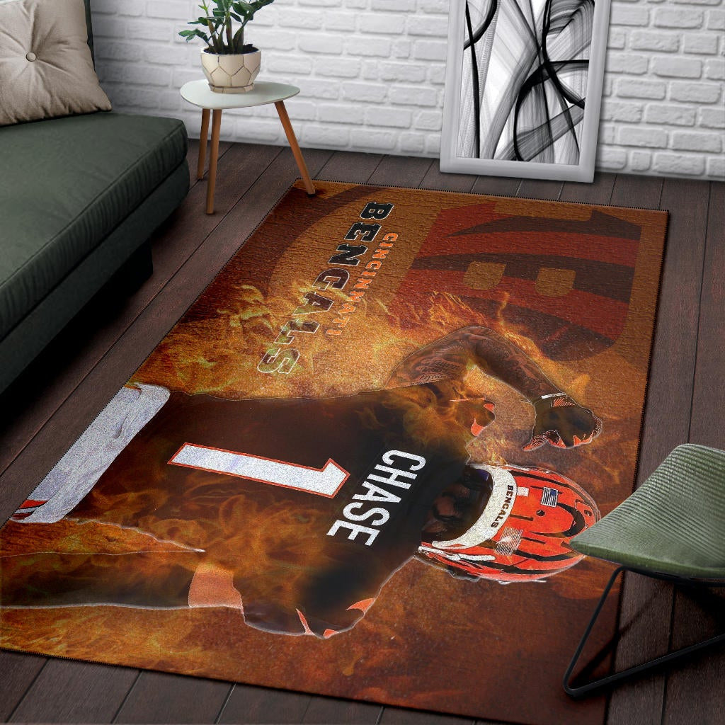 Cincinnati Bengals American Football Team Area Rug Ja'Marr Chase 01 Flaming From The Back Rugs Home Decor