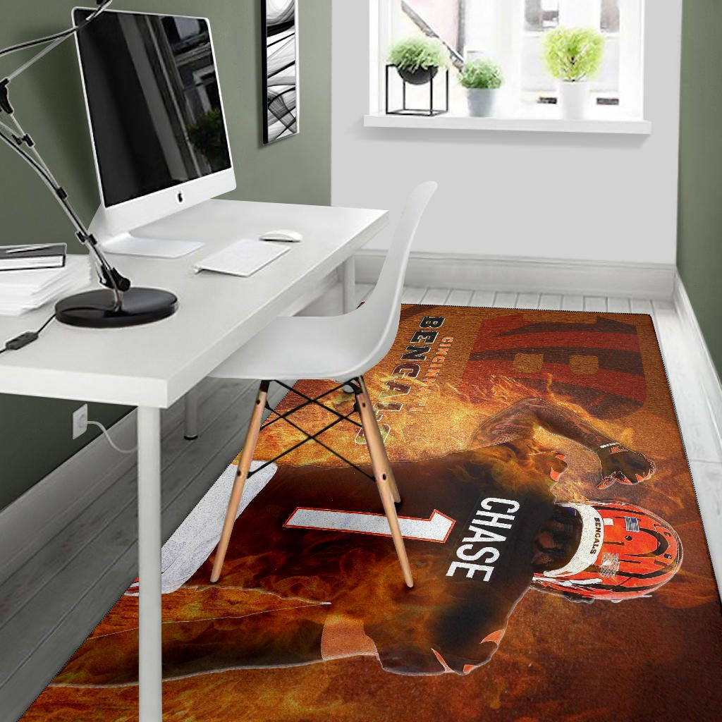 Cincinnati Bengals American Football Team Area Rug Ja'Marr Chase 01 Flaming From The Back Rugs Home Decor