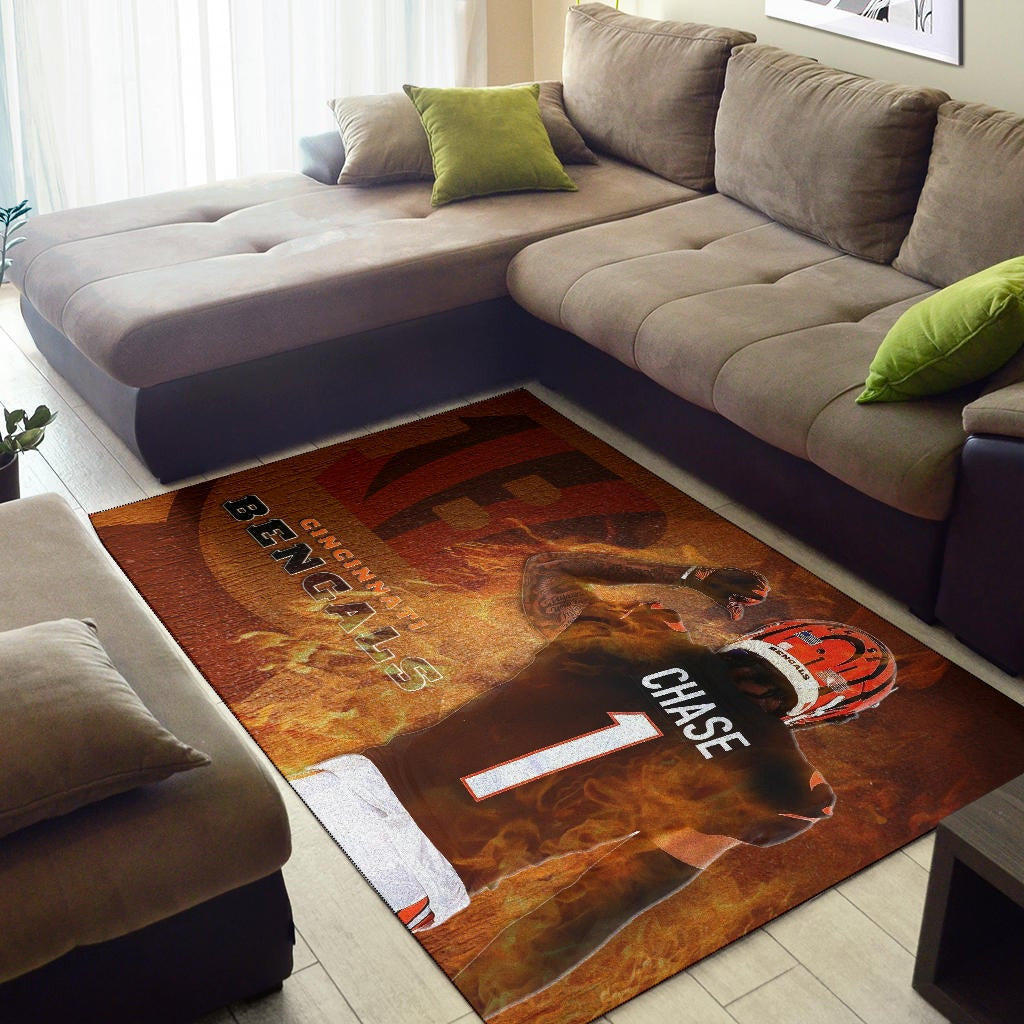 Cincinnati Bengals American Football Team Area Rug Ja'Marr Chase 01 Flaming From The Back Rugs Home Decor