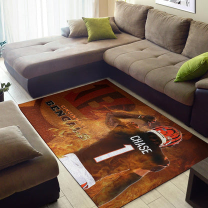 Cincinnati Bengals American Football Team Area Rug Ja'Marr Chase 01 Flaming From The Back Rugs Home Decor