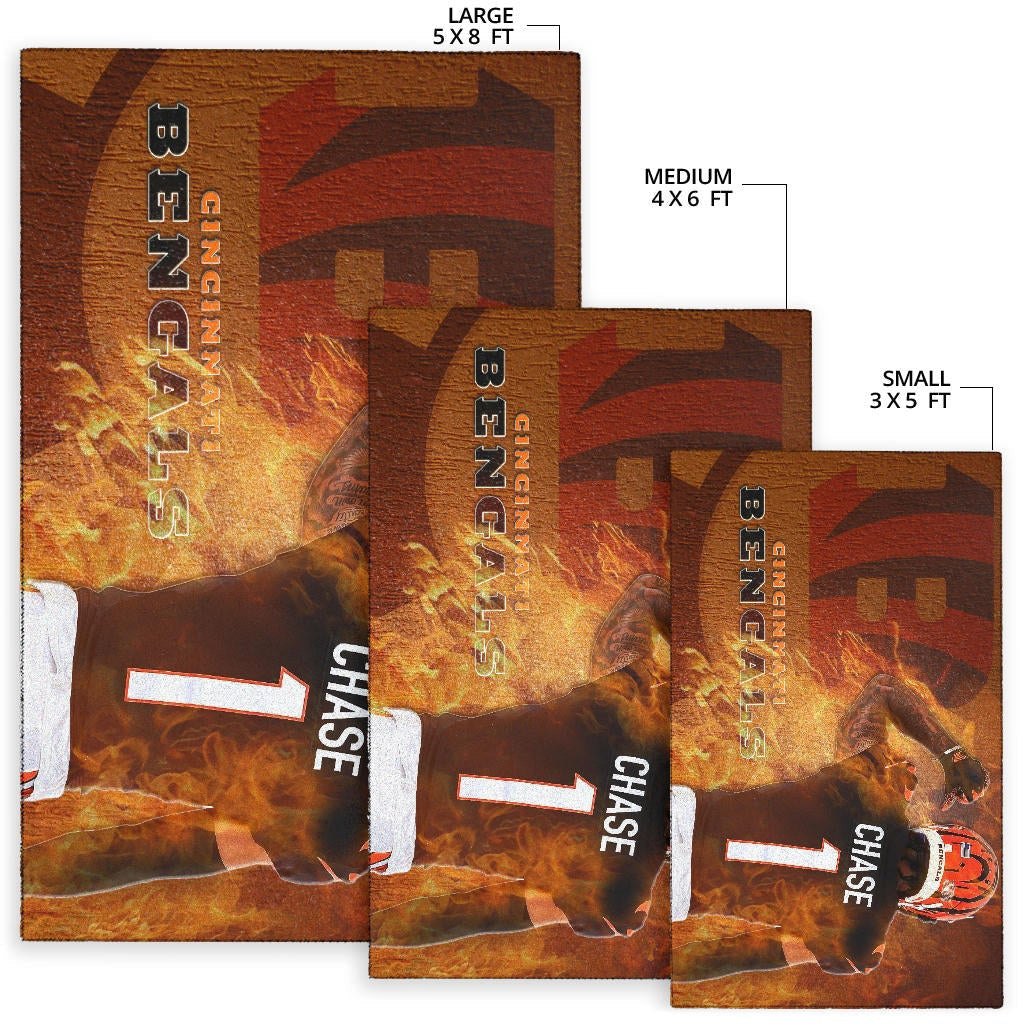 Cincinnati Bengals American Football Team Area Rug Ja'Marr Chase 01 Flaming From The Back Rugs Home Decor