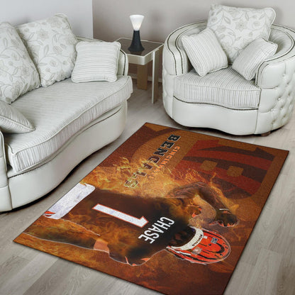 Cincinnati Bengals American Football Team Area Rug Ja'Marr Chase 01 Flaming From The Back Rugs Home Decor