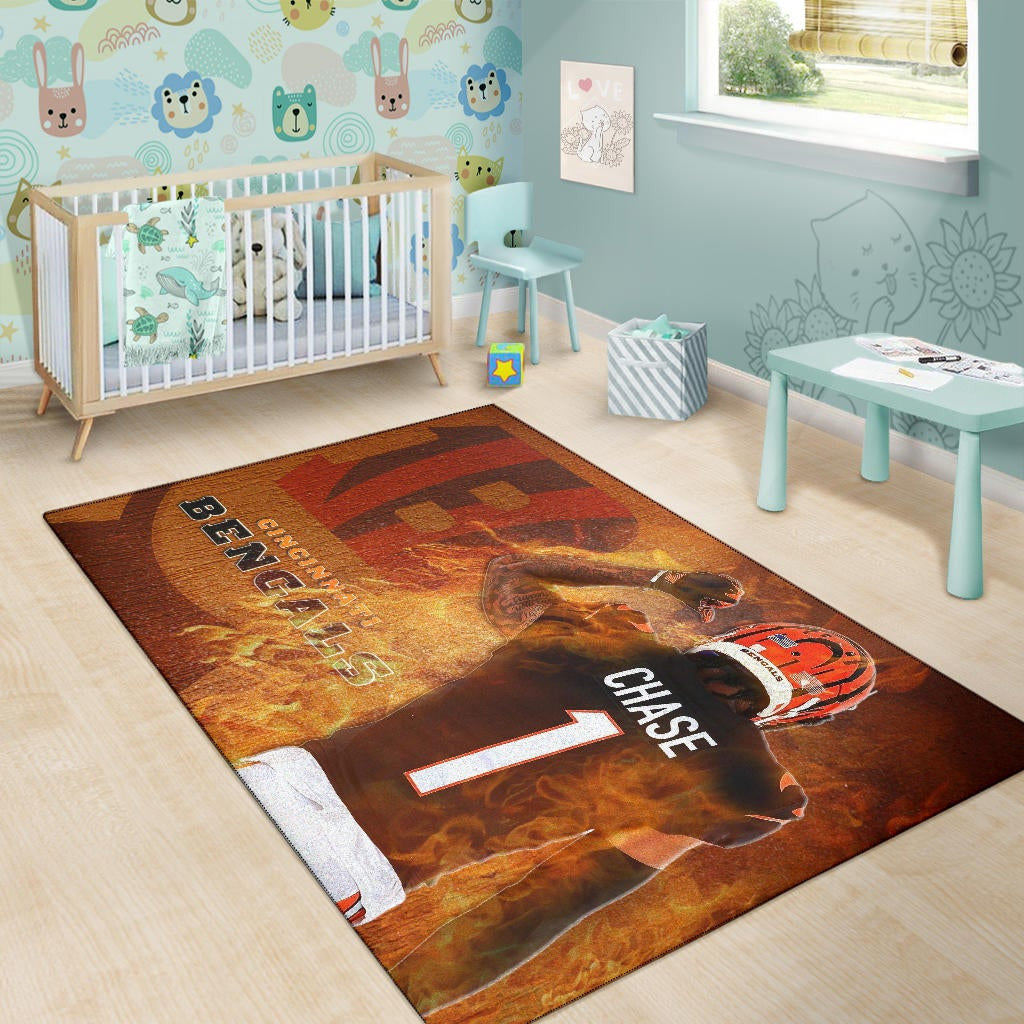 Cincinnati Bengals American Football Team Area Rug Ja'Marr Chase 01 Flaming From The Back Rugs Home Decor