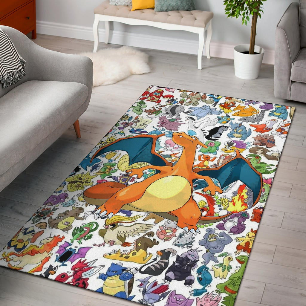 Pokemon Anime Area Rug - Charizard Flame Dragon Tiny Pokemon Patterns Background Rugs Home Decor