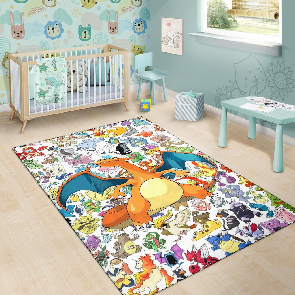 Pokemon Anime Area Rug - Charizard Flame Dragon Tiny Pokemon Patterns Background Rugs Home Decor