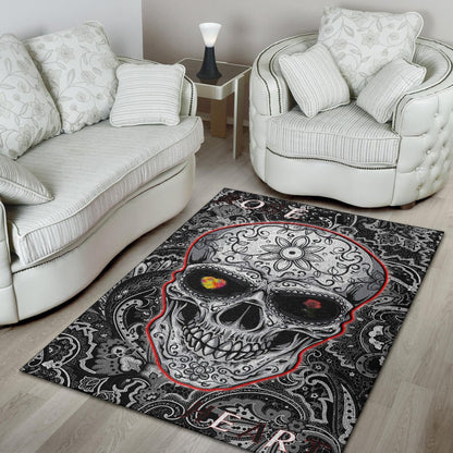 Valentine Area Rug - Tattooed Skull Rose Heart In Eyes Black White Pattern Rugs Home Decor
