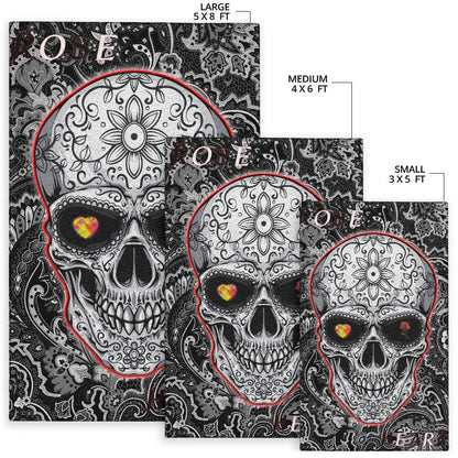 Valentine Area Rug - Tattooed Skull Rose Heart In Eyes Black White Pattern Rugs Home Decor