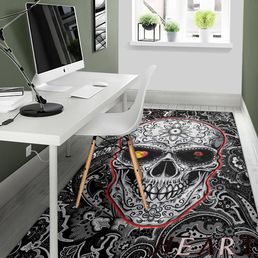Valentine Area Rug - Tattooed Skull Rose Heart In Eyes Black White Pattern Rugs Home Decor