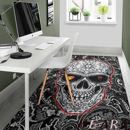 Valentine Area Rug - Tattooed Skull Rose Heart In Eyes Black White Pattern Rugs Home Decor
