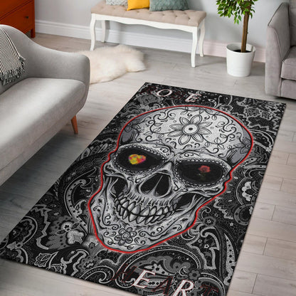 Valentine Area Rug - Tattooed Skull Rose Heart In Eyes Black White Pattern Rugs Home Decor