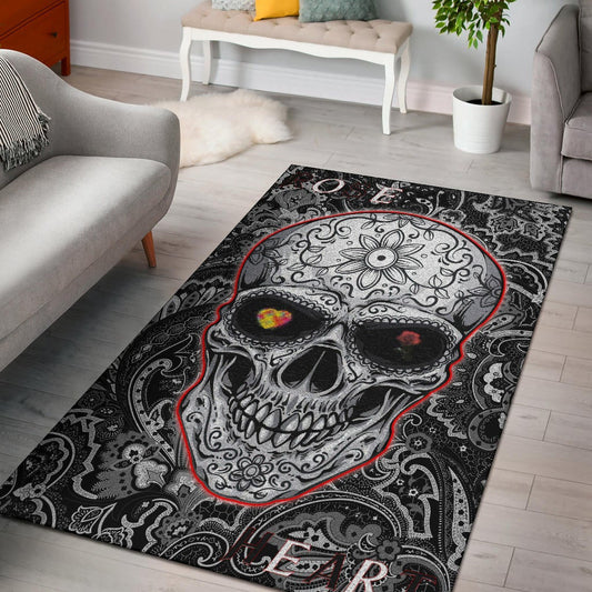 Valentine Area Rug - Tattooed Skull Rose Heart In Eyes Black White Pattern Rugs Home Decor