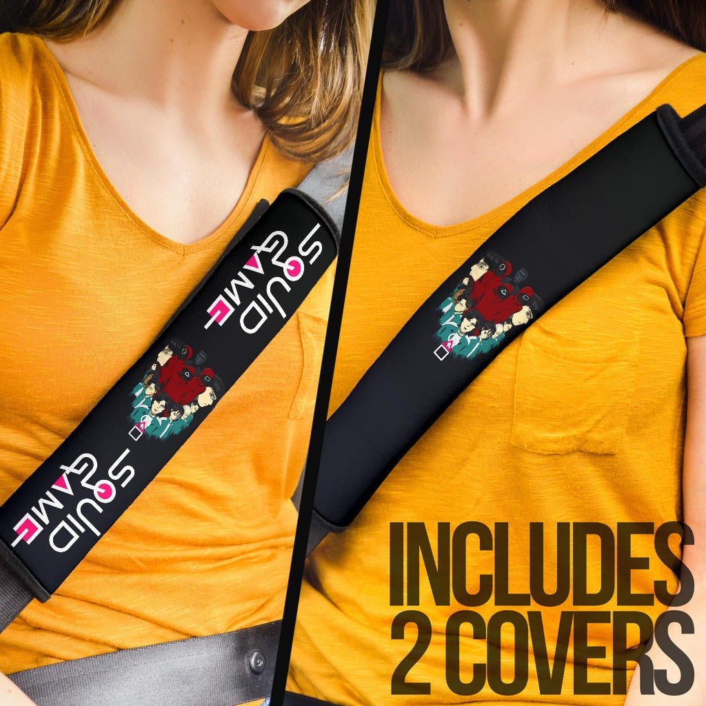 Squid Game Movie Seat Belt Covers - Squid Workers With Players Gather Round Belt Covers