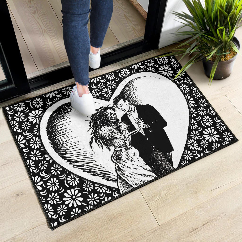 Love Door Mat - Marriage Day Men With Skeleton Women Tiny Flower Patterns Door Mat