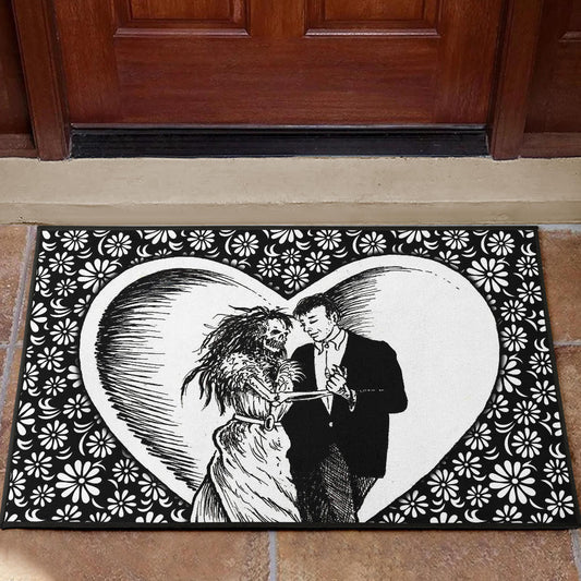 Love Door Mat - Marriage Day Men With Skeleton Women Tiny Flower Patterns Door Mat