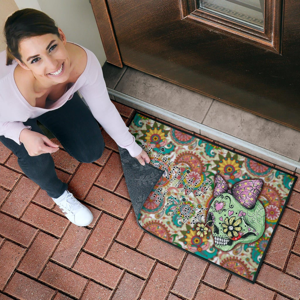 Valentine Door Mat - Drawing Floral Skull Blinding Valentine Door Mat Home Decor