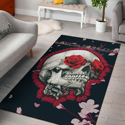 Valentine Area Rug - Skull With Red Roses Love In Your Eyes Rugs Home Decor