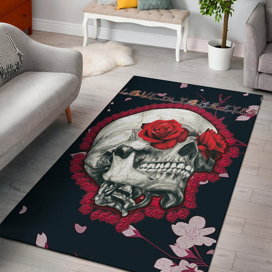 Valentine Area Rug - Skull With Red Roses Love In Your Eyes Rugs Home Decor