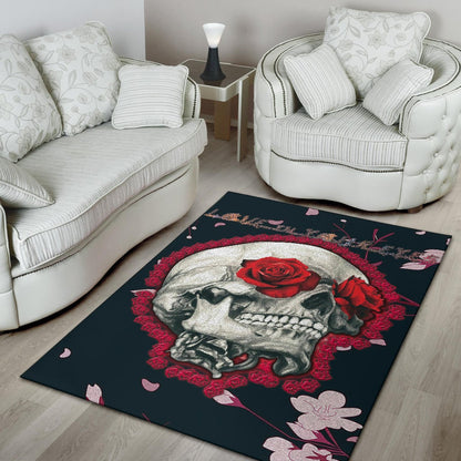 Valentine Area Rug - Skull With Red Roses Love In Your Eyes Rugs Home Decor