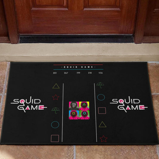 Squid Game Movie Door Mat Squid Worker With Black Masked Man Boss Colorful Symbols Door Mat Home Decor