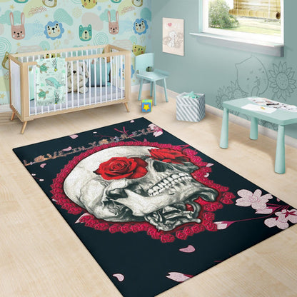 Valentine Area Rug - Skull With Red Roses Love In Your Eyes Rugs Home Decor