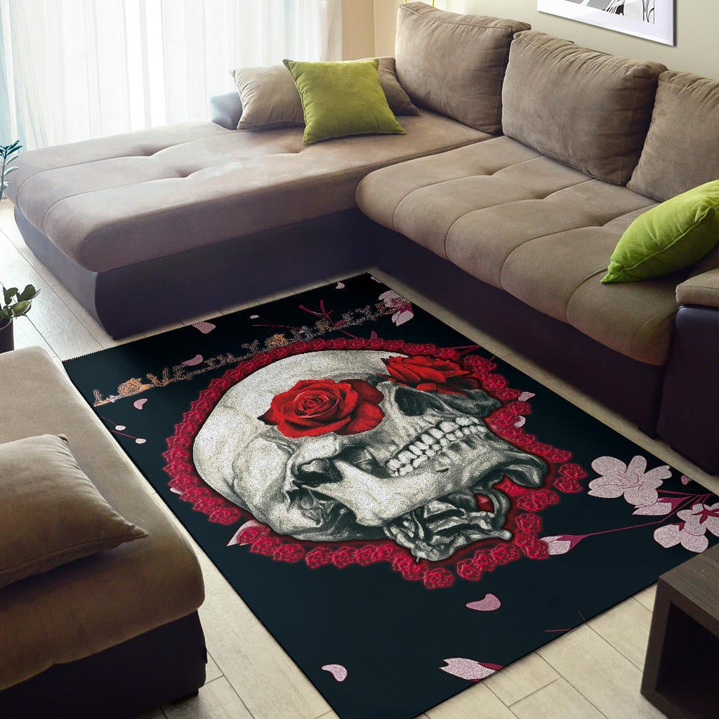 Valentine Area Rug - Skull With Red Roses Love In Your Eyes Rugs Home Decor