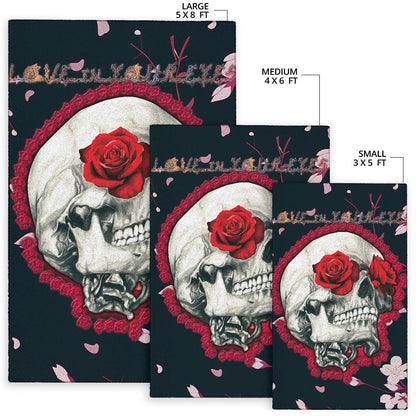 Valentine Area Rug - Skull With Red Roses Love In Your Eyes Rugs Home Decor