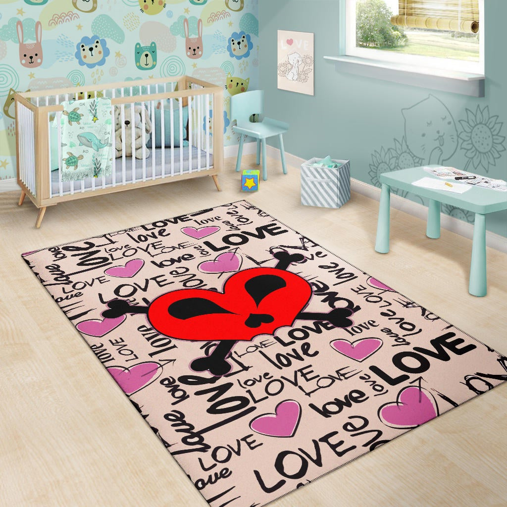 Love Area Rug - Love Text Patterns Skull Heart Symbol Rugs Home Decor
