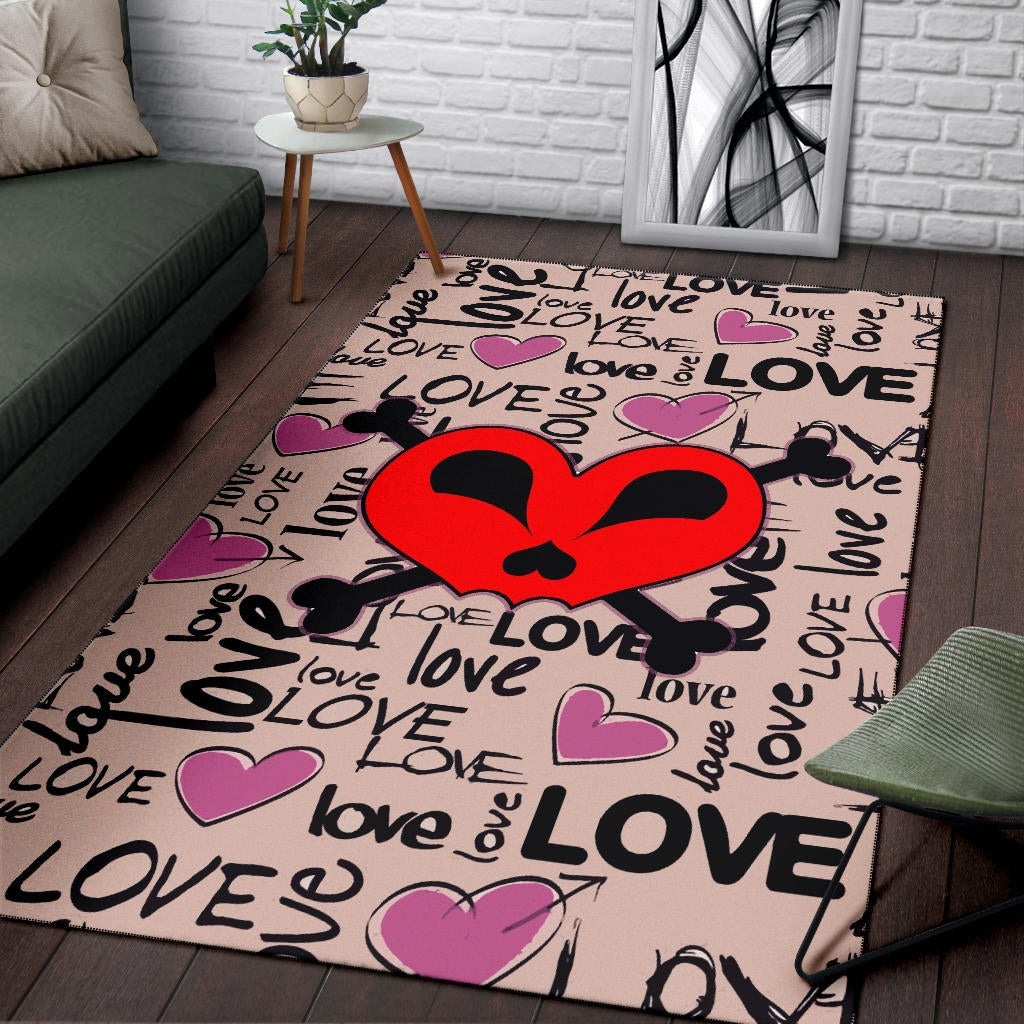 Love Area Rug - Love Text Patterns Skull Heart Symbol Rugs Home Decor