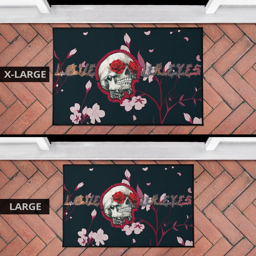 Valentine Door Mat - Skull With Red Roses Love In Your Eyes Door Mat Home Decor