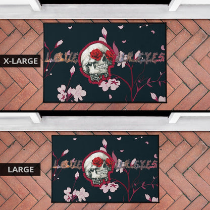 Valentine Door Mat - Skull With Red Roses Love In Your Eyes Door Mat Home Decor