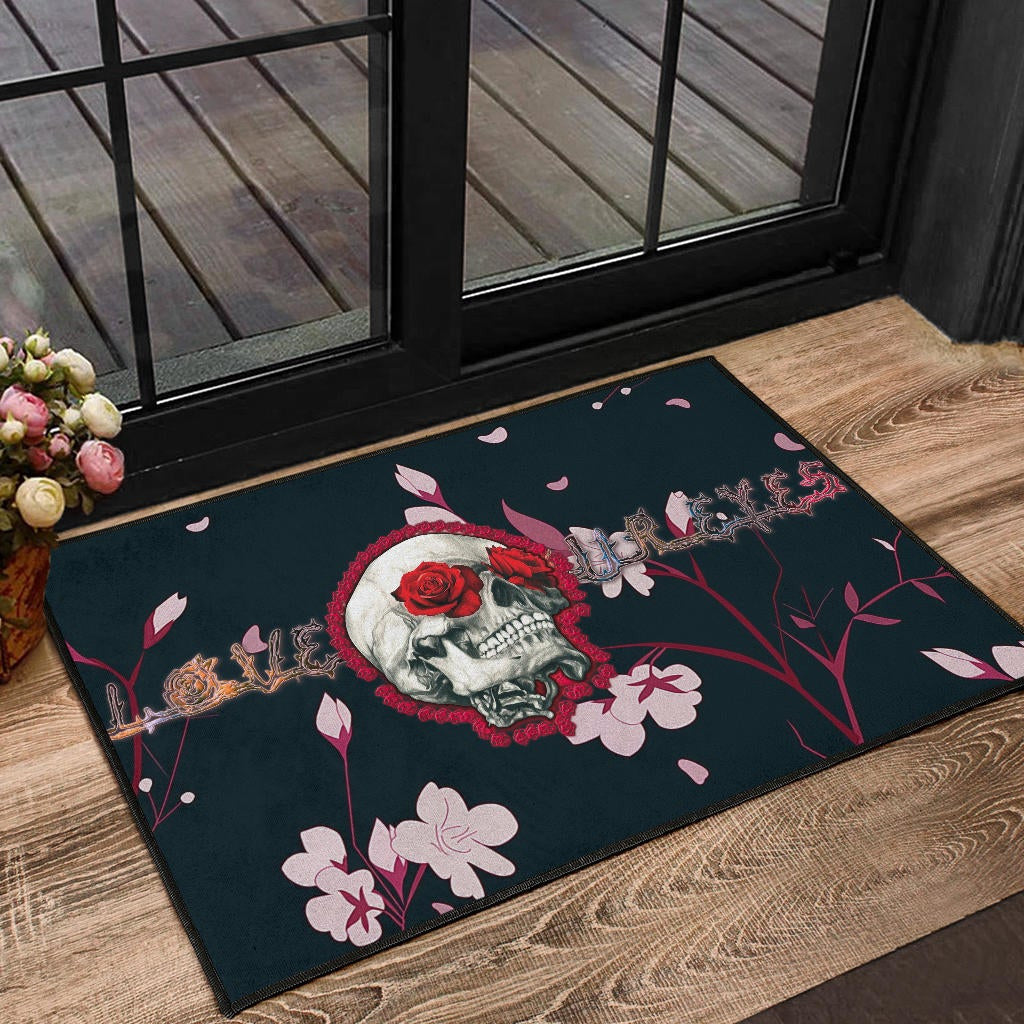 Valentine Door Mat - Skull With Red Roses Love In Your Eyes Door Mat Home Decor