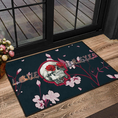 Valentine Door Mat - Skull With Red Roses Love In Your Eyes Door Mat Home Decor