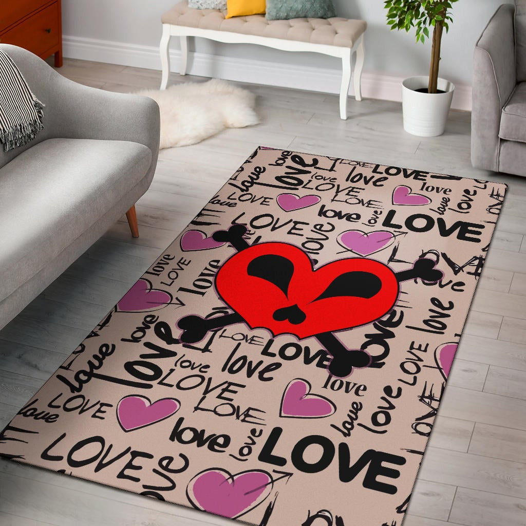 Love Area Rug - Love Text Patterns Skull Heart Symbol Rugs Home Decor