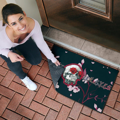 Valentine Door Mat - Skull With Red Roses Love In Your Eyes Door Mat Home Decor