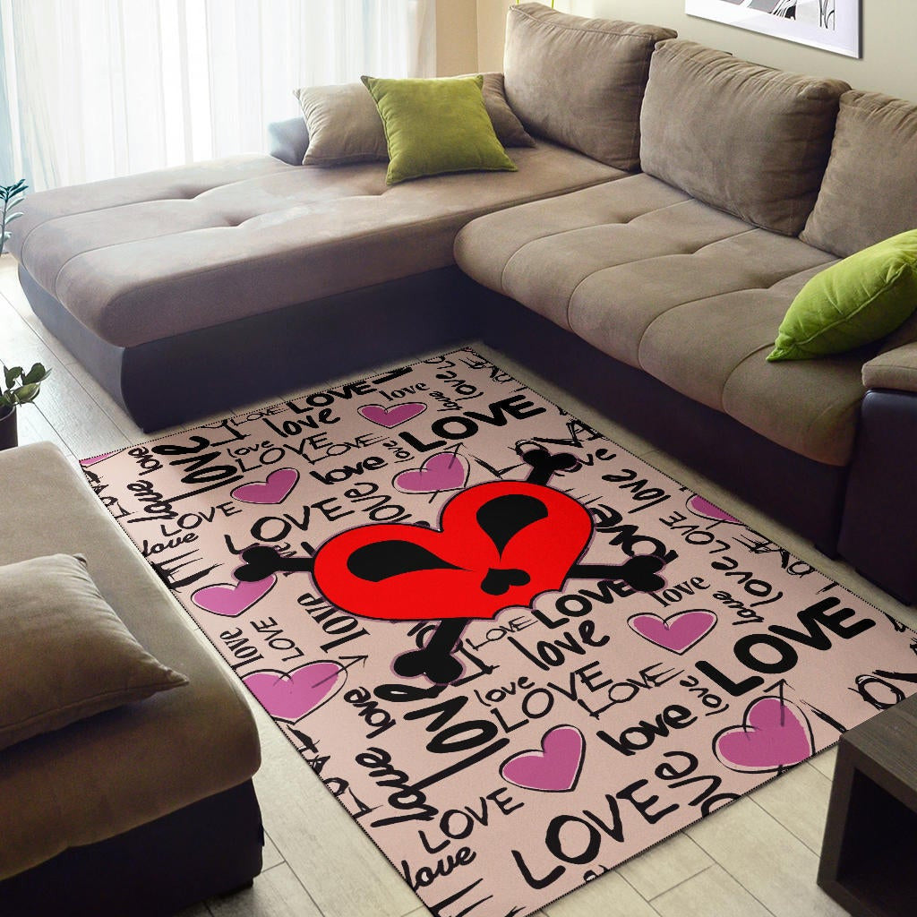 Love Area Rug - Love Text Patterns Skull Heart Symbol Rugs Home Decor